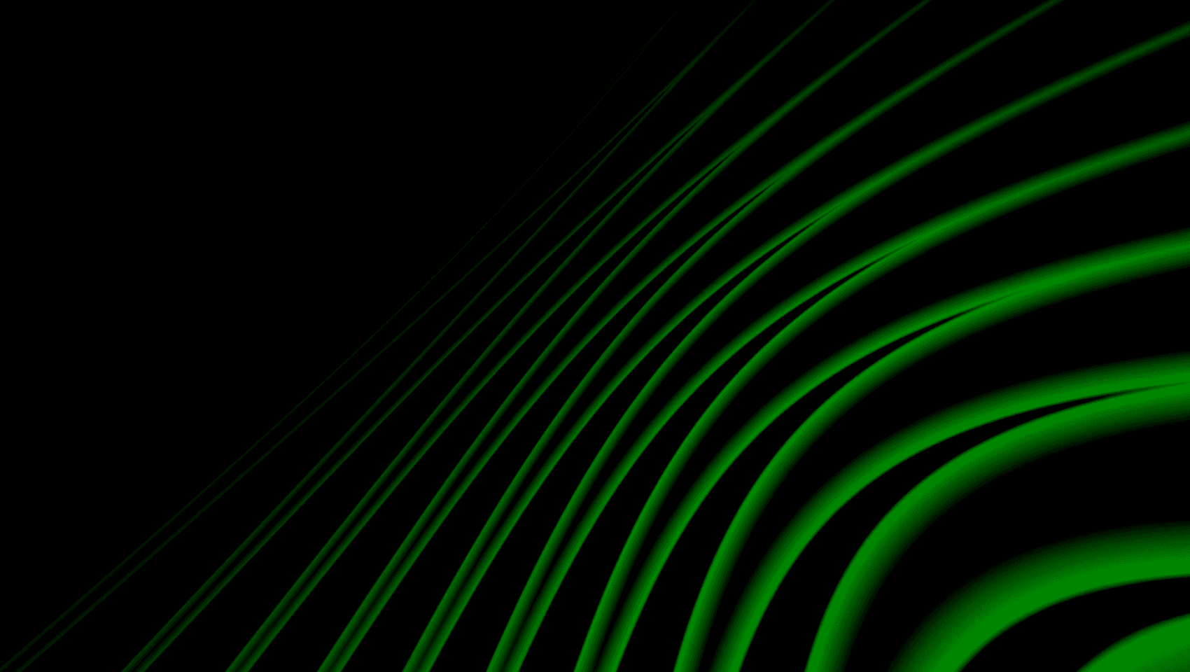 Decorative abstract background of glowing green curved lines sweeping across a black field.