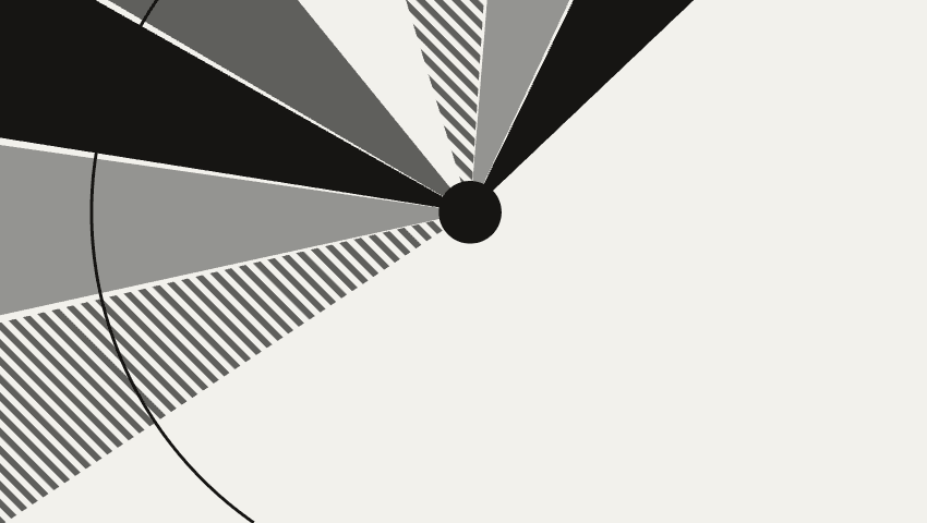 Abstract graphic on an off-white field of radiating wedge-shaped segments fanning out in solid black, grey and diagonally hatched fills.