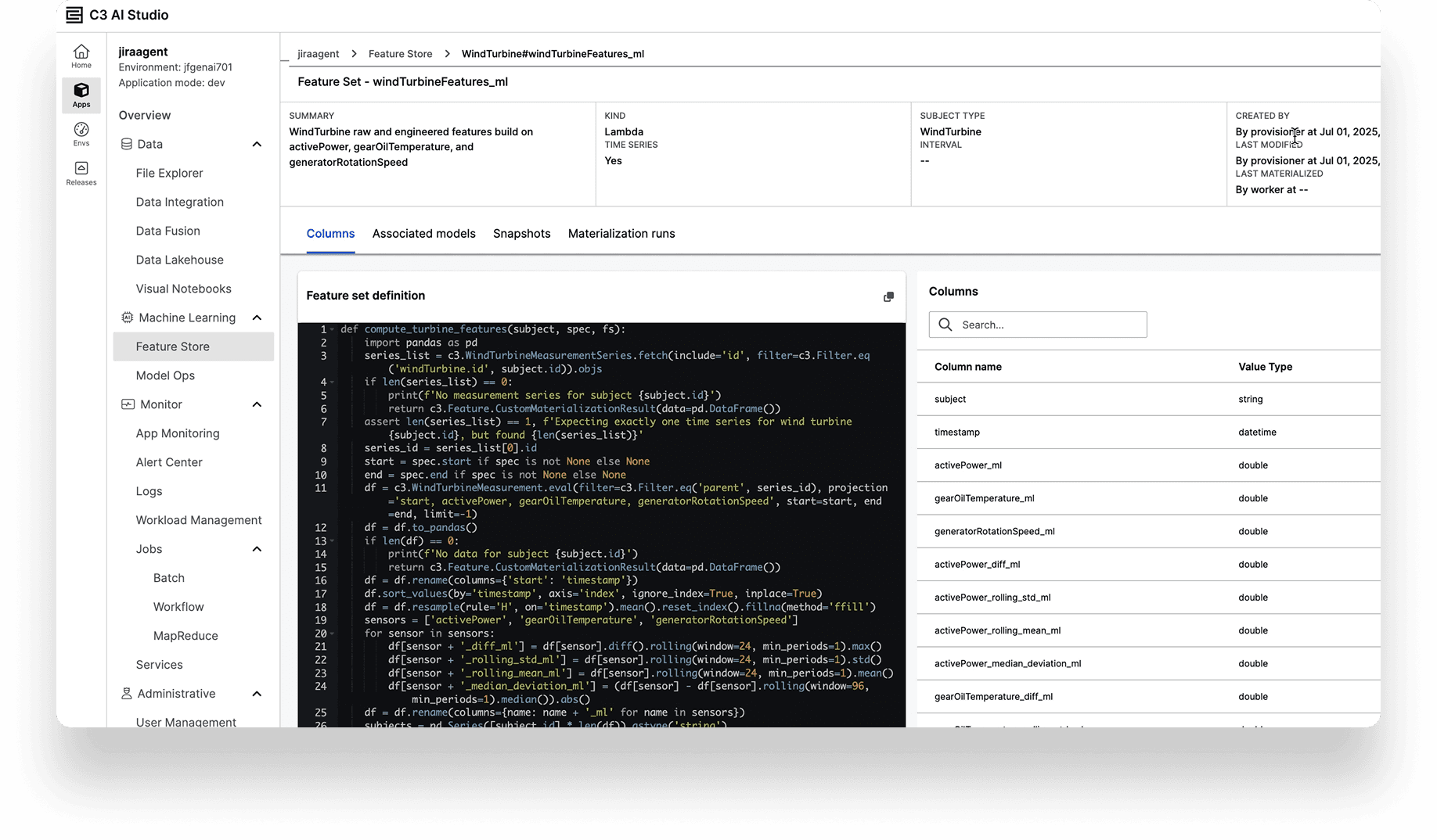 C3 AI Studio feature set definition interface showing Python code editor and column configuration panel for wind turbine ML features.